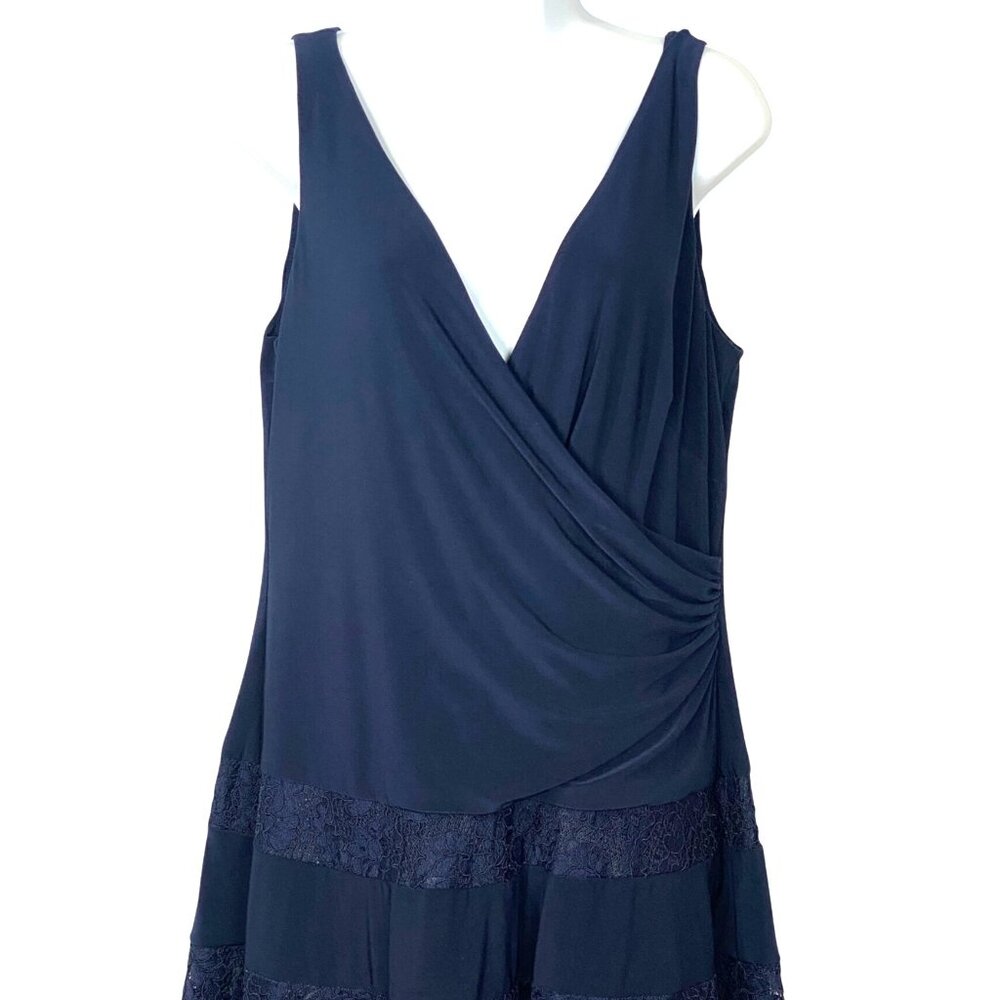 Lauren Ralph Lauren Navy Blue Ruched Lace Inset Sleeveless Fit & Flare Dress 16 - Picture 4 of 12
